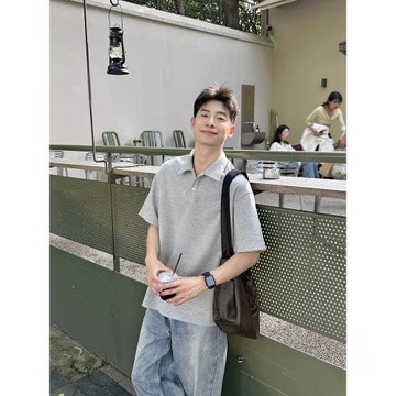 260g淺灰色V領純色POLO衫短袖T恤男生2025新款夏季寬松上衣套頭