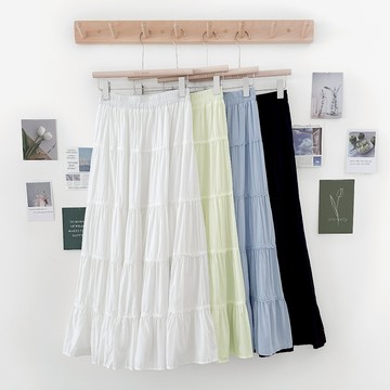 【Fee隔日到貨4色新品】高腰親膚垂墜顯瘦蛋糕長裙🔥蕾絲鬆緊大裙擺蛋糕裙 中長裙 白色長裙 黑色長裙 裙子 A字裙