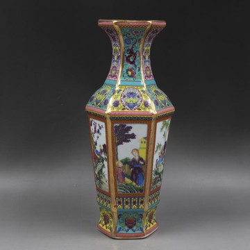 清乾隆琺瑯彩描金西洋人花鳥六方瓶家居擺件仿古瓷器收藏古董古玩1入