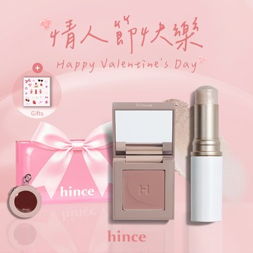快速出貨【hince】情人節快樂！煥然如新單色眼影+臻綵綻放透亮高光棒+獨家禮盒+粉色皮革化妝包+hince限定貼紙(情人節禮物推薦/女生禮物/送女生/腮紅彩妝)