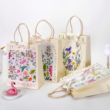 indi.k 植物花卉緞帶購物袋 4入組  混色  24 x 18.5 x 10 cm  1組