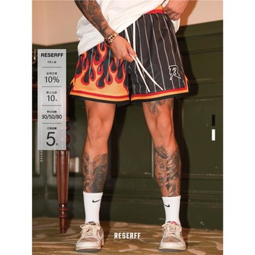 RESERFF 熔焱 網眼印花夏季短褲美式復古雙層超重磅寬松高街情侶