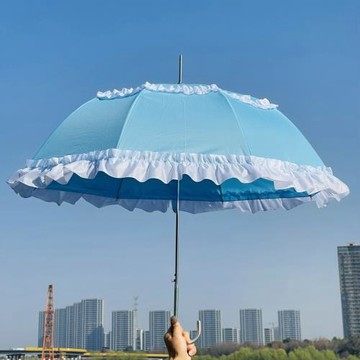 天藍色高顏值美少女雙花邊創意雨傘長柄晴雨傘太陽傘Lolita花嫁傘