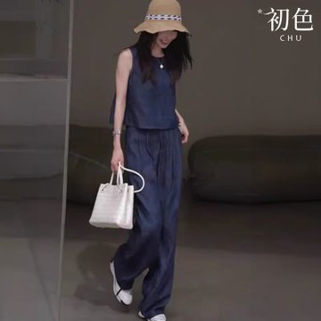 初色 法式圓領後排釦無袖上衣女上衣背心女背心+純色休閒褲寬褲長褲套裝-藍色-12811(M-XL可選)