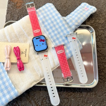 ins韓國少女 日系甜美 小眾 KT貓 蘋果 applewatch 10 硅膠錶帶7/8/9 42mm 簡約紅格 防水