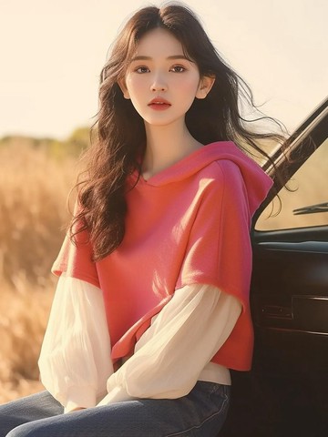 秋天女裝 韓系 小香風 仙女裝  氣質穿搭 設計感 長袖帽t女生衣服 假兩件拼接短版粉色上衣