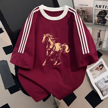 吉祥馬紅色衣服 高質量重磅t恤 短袖上衣 三條杠短袖 純棉 短袖 t恤 寬鬆上衣 設計感上衣 撞色拼接 潮牌衣服 情侶裝