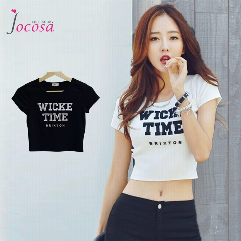 Tシャツ レディース 春夏秋冬 トップス へそ出し ショート丈 半袖 刺しゅうロゴ タイト ホワイト 白 ブラック 黒 Smlxl Jocosa 8043 通販 Lineポイント最大0 5 Get Lineショッピング