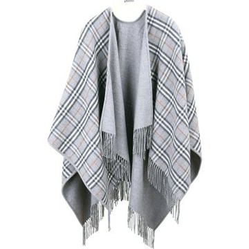 BURBERRY 巴寶莉 新版 雙面可穿格紋純羊毛流蘇披肩 斗篷(灰色)