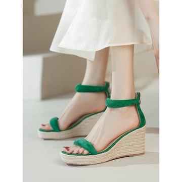 一字帶坡跟涼鞋女2025新款夏季小個子波西米亞編織法式厚底高跟鞋