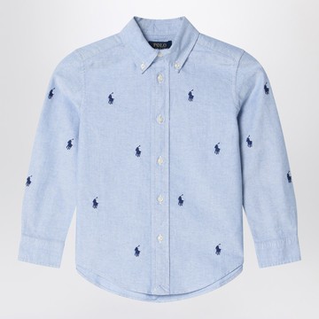 Light blue button-down shirt with logos