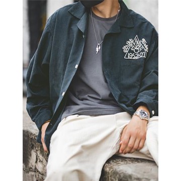 馬登工裝新款美式墨綠復古保齡球古巴領襯衫磨毛寬松刺繡打底衫男