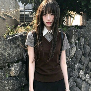 【WYZ】x日系格紋拼接襯衫顯瘦百搭大碼女士短袖t恤夏季修身學院風polo衫