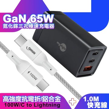 MyStyle65WGaN氮化鎵極速充電器-黑+HANGR18100W高密編織Type-CtoType-C快充充電線1m