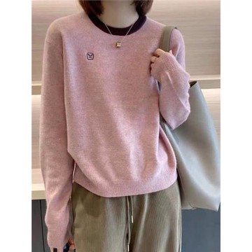 秋季新款羊絨衫女圓領套頭長袖拼色毛衣純羊毛衫內搭針織衫打底衫