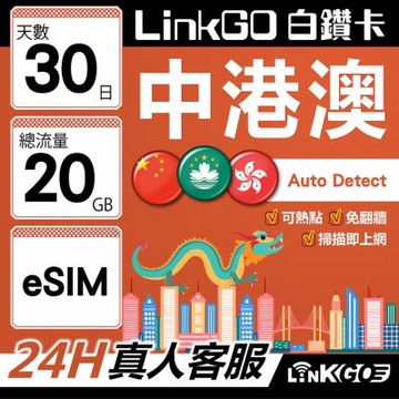 LINKGO白鑽卡 中港澳 eSIM卡 30天上網卡 總流量20GB 無限流量 免翻牆可熱點(中港澳網卡 中國 大陸 香港 澳門 虛擬卡)