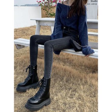 煙灰色高腰牛仔褲女加絨秋冬2026年新款修身顯瘦緊身小腳鉛筆褲子