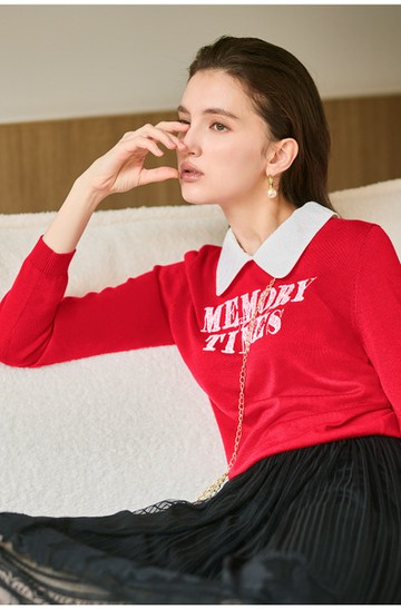 蕾絲字母撞色翻領線衫