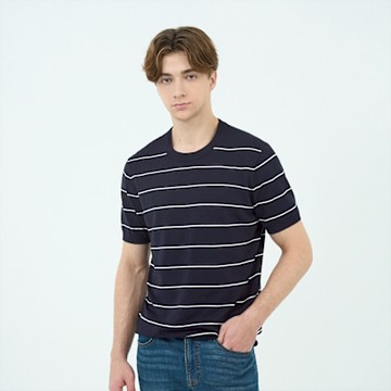 GIORDANO 男裝針織條紋上衣 Blue Classics系列 - 70 標誌海軍藍X皎白