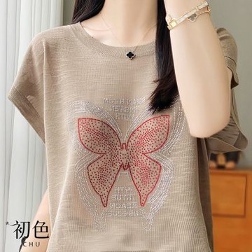 初色 冰絲竹節棉燙鑽蝴蝶寬鬆薄款短袖T恤上衣女上衣-共5色-11403(M-2XL可選)