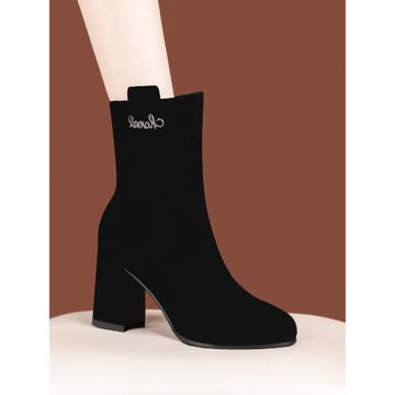 2025秋冬新款磨砂真皮粗跟短靴加絨女靴子高跟圓頭中筒靴皮靴女式