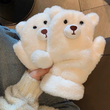 保暖手套 卡通白色小熊毛絨手套女可愛小狗毛茸茸加絨加厚保暖騎行冬季