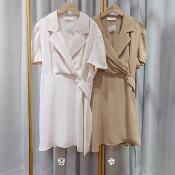 【PF37609】230421腰釦飾V領短袖短洋裝 卡/杏 F (預購)