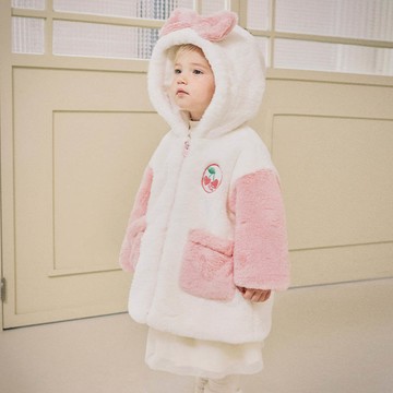 韓國 mollimelli - 大蝴蝶結點綴毛毛連帽外套-白X粉