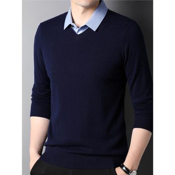2025春秋季純羊毛衫男假兩件套針織衫潮流韓版男裝襯衫領純色毛衣
