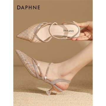 達芙妮網紗高跟鞋女細跟2024年爆款夏水鉆仙女風中空女士尖頭單鞋