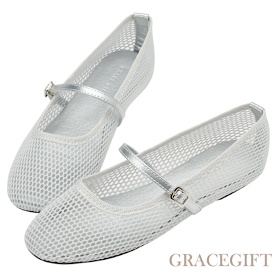 【Grace Gift】極簡休閒感透膚網面平底瑪莉珍 銀