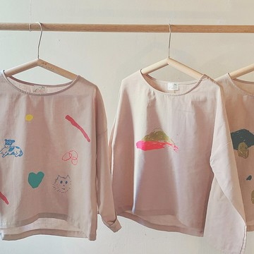 原創手工印花奶茶寬寬長袖上衣 大腳小狗/一座山稜/小波回憶