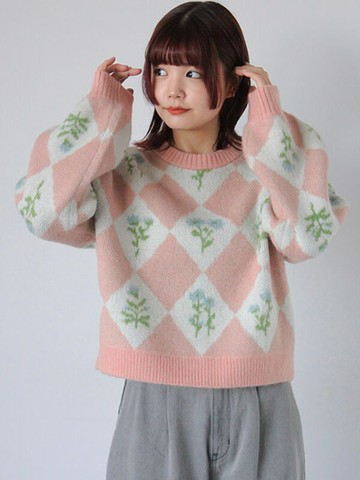 甜美感菱格花卉圖案針織圓領上衣(0F000424810) - ehka sopo