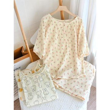 春夏薄款純棉縐布紗女士家居服圓領中袖套頭甜美印花休閑睡衣套裝