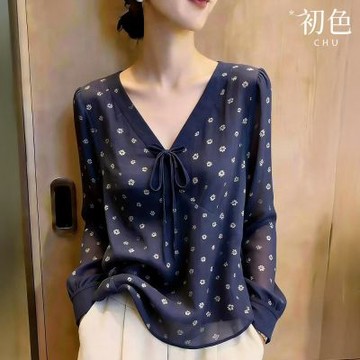 初色 復古通勤風V領撞色碎花蝴蝶結綁帶寬鬆長袖襯衫上衣女上衣-藏藍色-53987(M-2XL可選)
