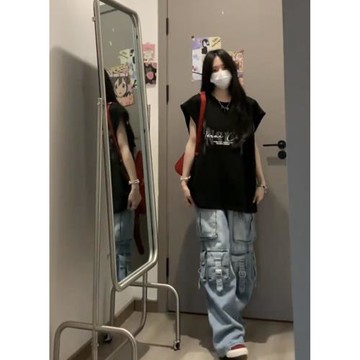 美式高街無袖背心T恤女潮牌設計感街頭情侶運動百搭坎肩短袖上衣