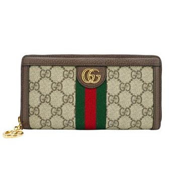 Gucci 印花綠紅綠織帶皮革飾邊拉鍊長夾 (523154-烏木)