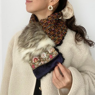 印度刺繡織帶混色毛呢粉紅迷你圍巾