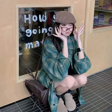 【FROCK】長袖襯衫 寬鬆襯衫 長袖上衣 顯瘦上衣 綠色格子襯衫大碼寬鬆長袖襯衣 女生襯衫 襯衫外套 寬鬆外套