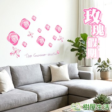 【樹屋生活】玫瑰花 壁貼 防水牆貼 壁紙 組合壁貼 裝潢 壁貼 粉紅玫瑰 蝴蝶 櫥窗裝飾 玫瑰假期