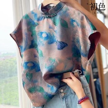 初色 新中式文藝圖案印花盤扣立領短袖飛飛袖襯衫上衣女上衣-藍蝴蝶-13490(M-3XL可選)