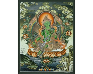 綠度母蓮花手印唐卡 |手繪西藏藝術畫布|聖事