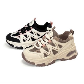 Robinlo 真皮增高韓系甜美旋風撞色拼接老爹鞋休閒鞋 JEPSON 個性黑/摩卡棕