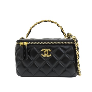 【二手名牌BRAND OFF】CHANEL 香奈兒 黑色 菱格紋 羊革 Top Handle Vanity Case 化妝箱 兩用包