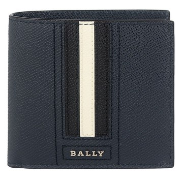 BALLY 深藍色銀字黑白條紋防刮皮短夾(八卡)
