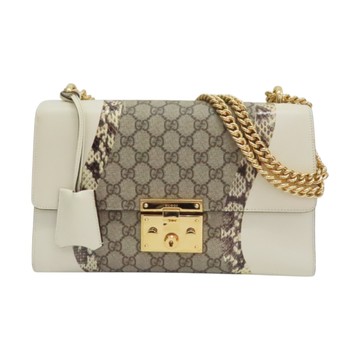 GUCCI 古馳 白色 GG Supreme帆布 蛇皮 Padlock 肩背包 432679 【二手名牌BRAND OFF】