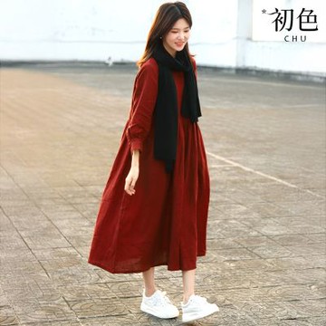 初色 棉麻復古風純色長袖圓領排釦A字裙中長連衣裙連身洋裝-紅色-15052(M-2XL可選)