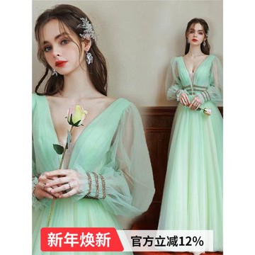 仙氣綠色長袖生日藝考晚宴年會主持人大合唱演出晚禮服19078批發