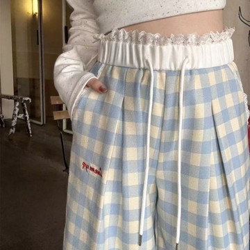 新款藍色格褲直筒韓系時尚高腰夏季寬鬆褲女格子褲高個子加長版 AJ20