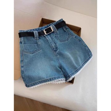 大碼復古藍色a字牛仔短褲女夏季胖mm寬松高腰顯瘦直筒闊腿熱褲子